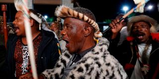 Amabutho (Zulu regiments) sing chant slogans 